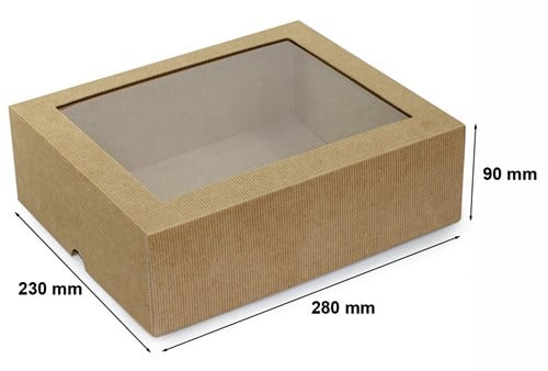 Pudełko fasonowe karbowane wieczkowe brązowe z oknem 280x230x90 mm