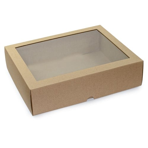 Pudełko karbowane wieczkowe fasonowe brązowe z oknem 340x225x95 mm