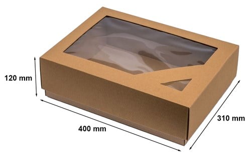 Pudełko fasonowe karbowane z wieczkiem 400x310x120 mm z oknem brązowe