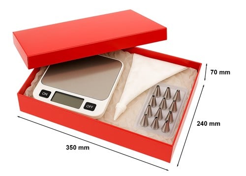 Laminowane czerwone pudełko fasonowe z wieczkiem 350x240x70 mm